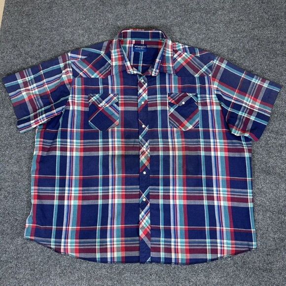Wrangler Shirt Mens XLB Blue Red‎ Plaid Pearl Snap Western Short Sleeve Adult​ - Picture 1 of 5